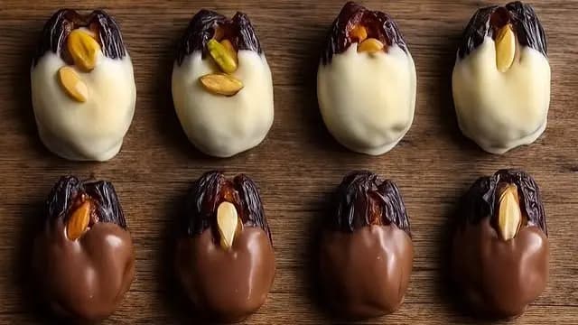 White and milk chocolate dipped Medjoul dates with nut fillings
